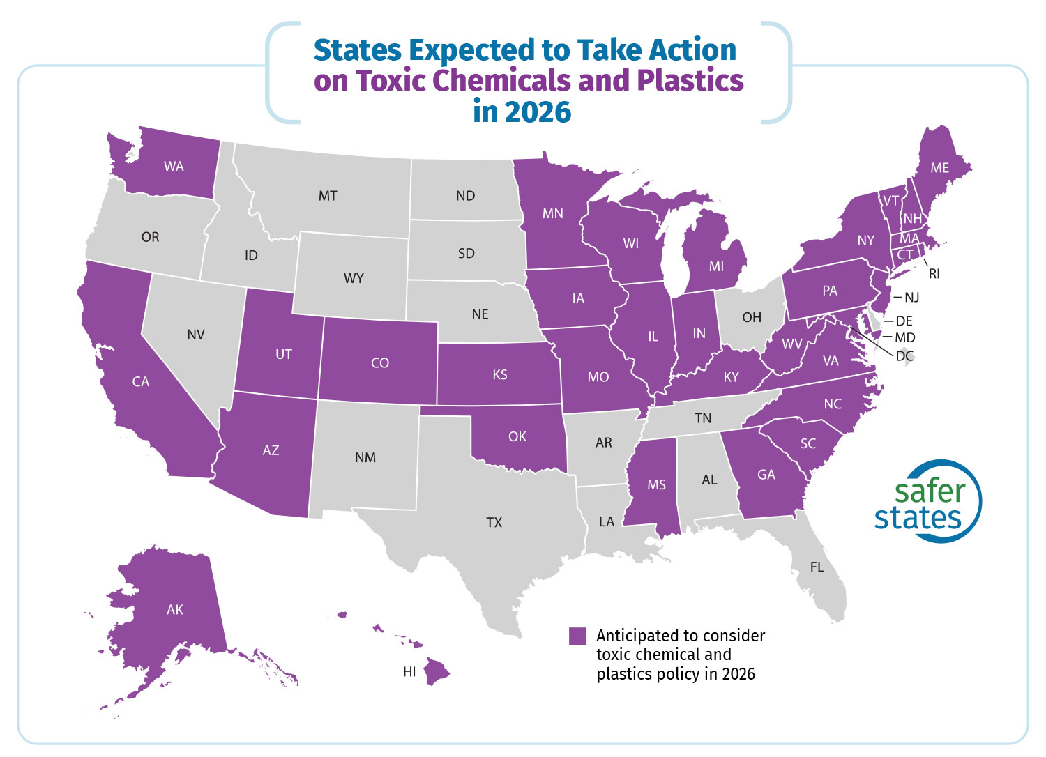 Map of the United States showing states in purple expected to take action on toxic chemicals and plastics in 2026.