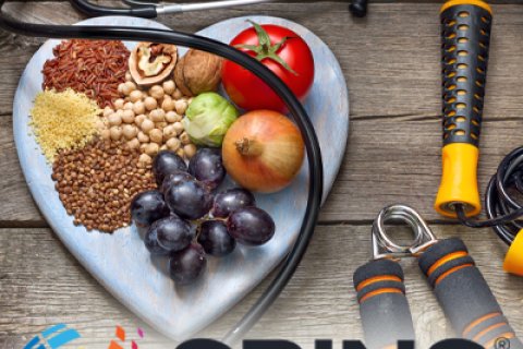 Spins Logo on Healthy Food Background Stethoscope and Jumprope